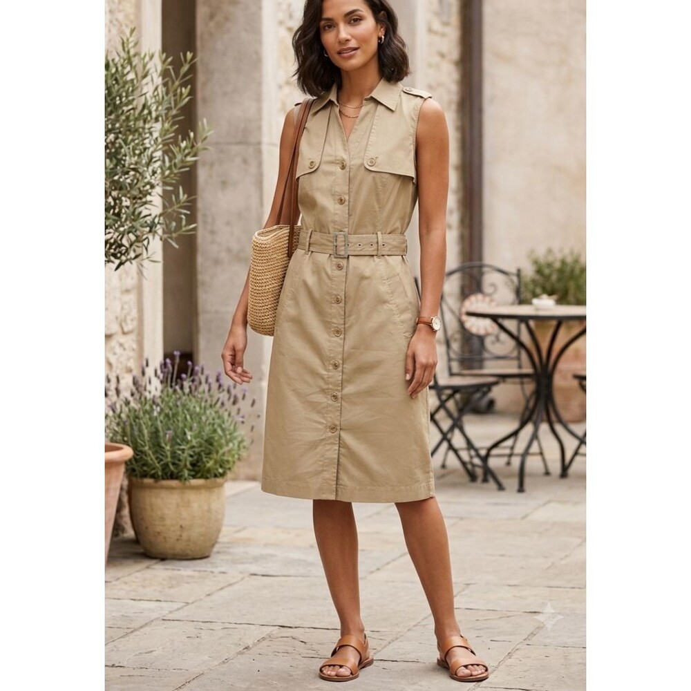 Vintage Carole Little Khaki Safari Style Shirt Dress Belted Y2K Utility Size 10